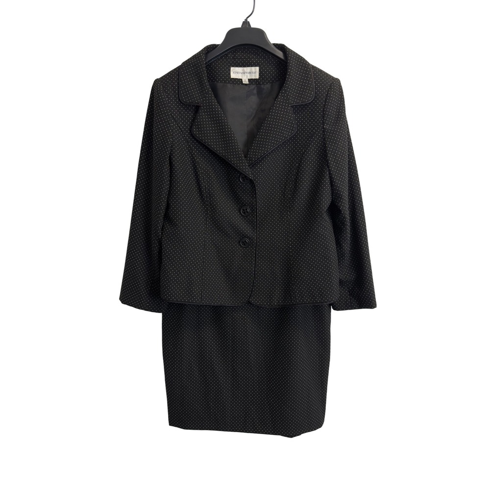 Jones New York Suit Womens 12 Black White Polka Dot Blazer Skirt Set 2 Piece